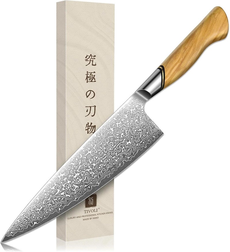 Tivoli Damascus Chef Knife – Japanese VG-10 Professional Kitchen Knife for Meat and Vegetables with Ergonomic Olive Wood Handle, Gift Box Included, Ideal Gift for Dad & Mom - Image 1